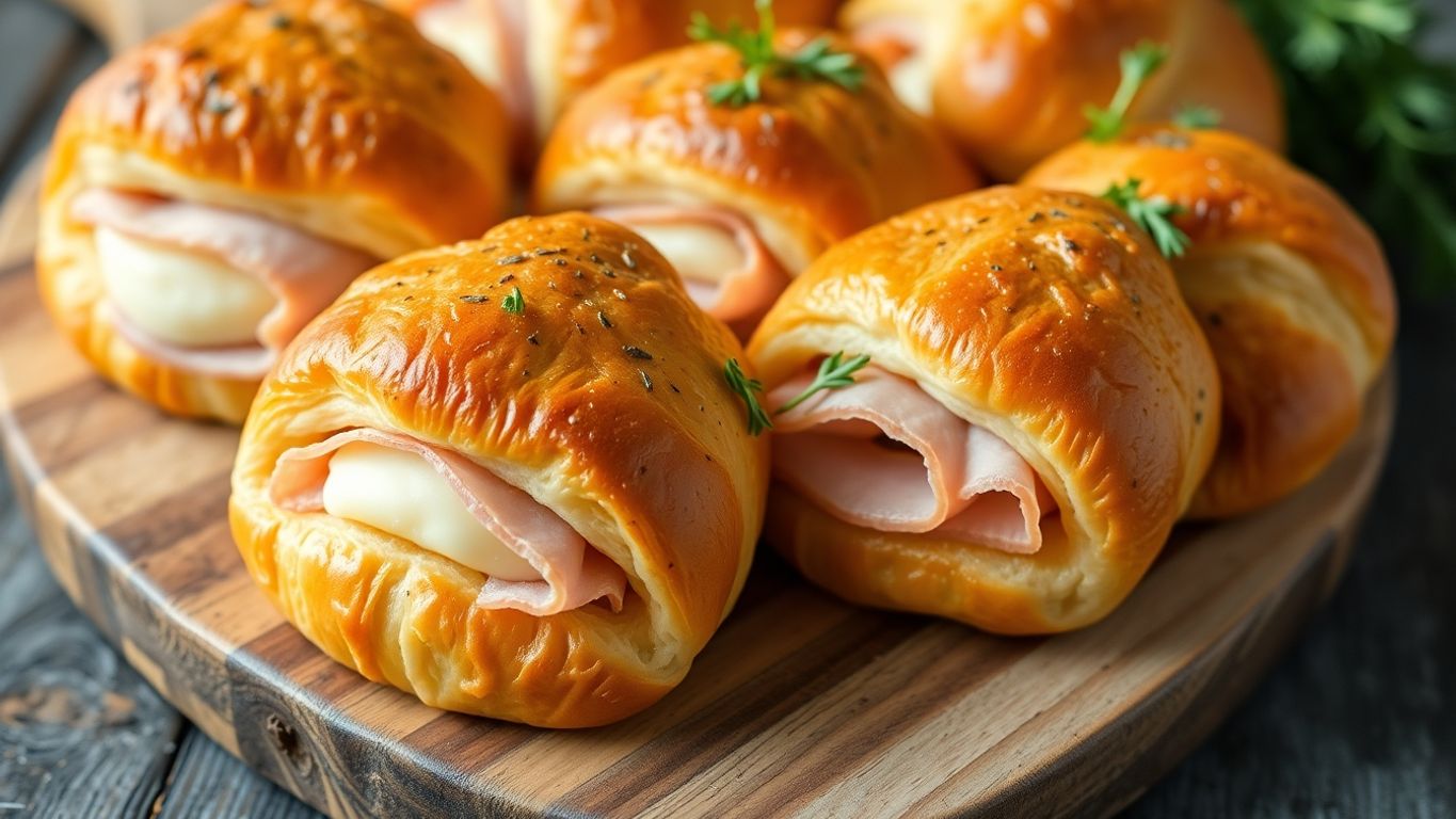 Rolinhos de croissant recheados com presunto e queijo.