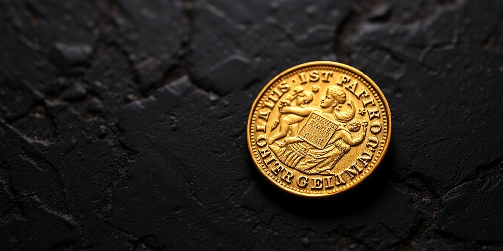 Pièce d'or ancienne sur surface sombre.