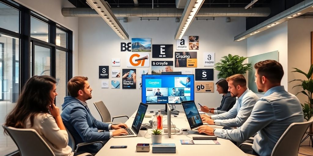 Profissionais de marketing digital em ambiente moderno.