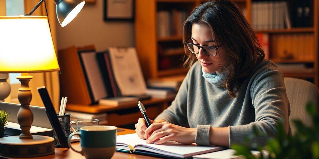 A writer at a desk with coffee and lamp.