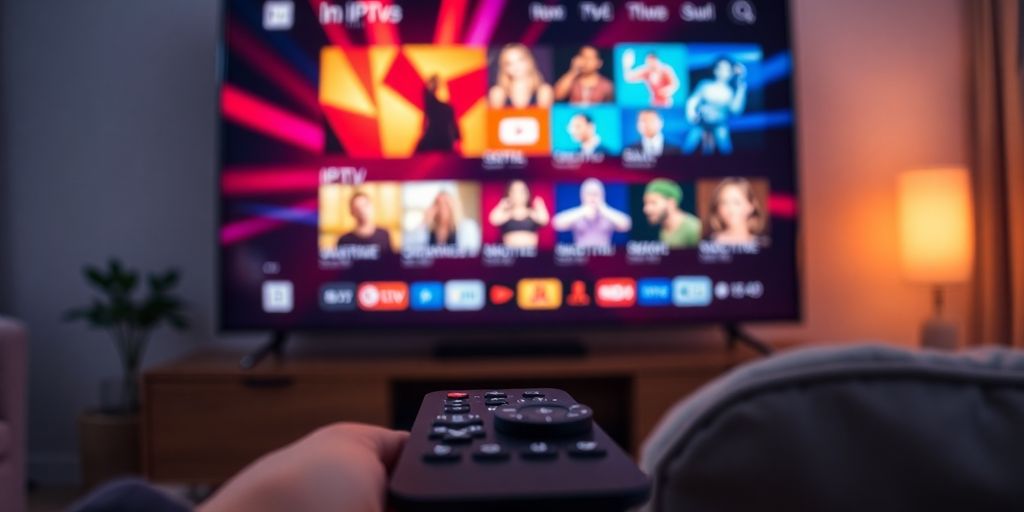 IPTV in Quebec : What’s Legal, What Works, and What to Avoid in 2025 2 Television screen showing IPTV channels in modern living room-IPTV Quebec- IPTV in Quebec 2025