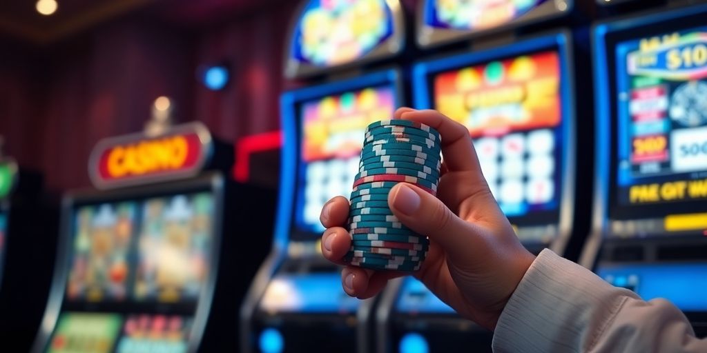 A person carefully counts casino chips with slot machines blurred in the background.