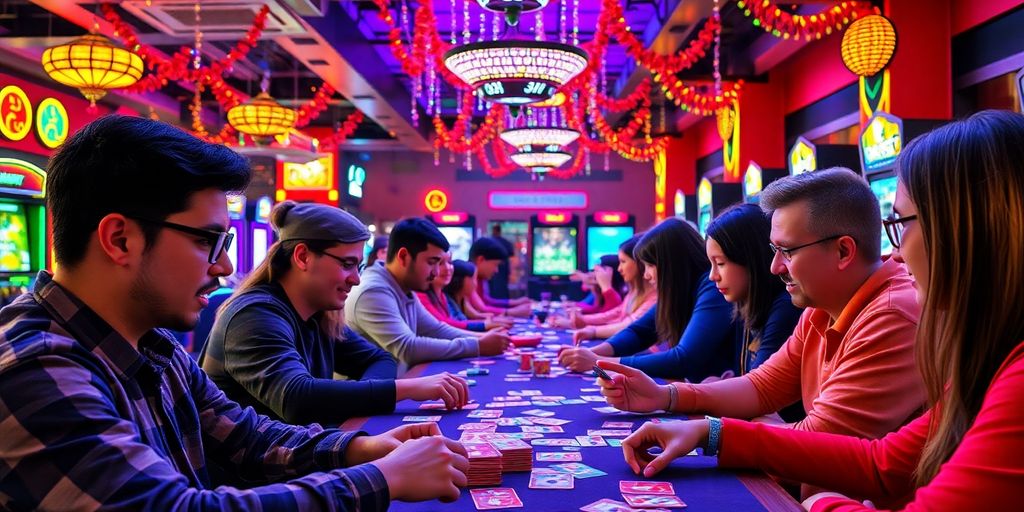 Nhóm game thủ chơi bài trong không gian sống động.