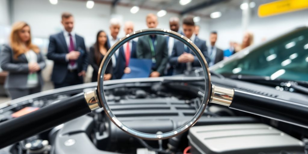 Magnifying glass over car engine, diverse investors nearby.
