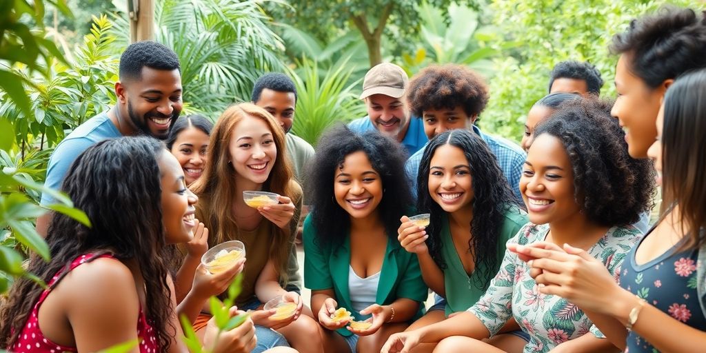 Diverse group enjoying healthy snacks in a green space.