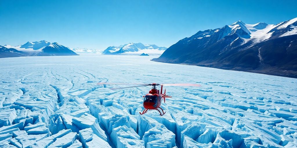 A bright red helicopter flying over vast Alaskan glacial fields.