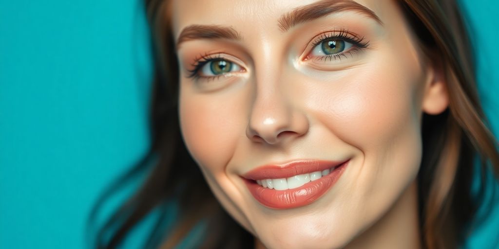 Rosto de mulher com harmonização facial e sorriso radiante.
