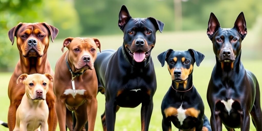 Group of banned dog breeds in a natural setting.