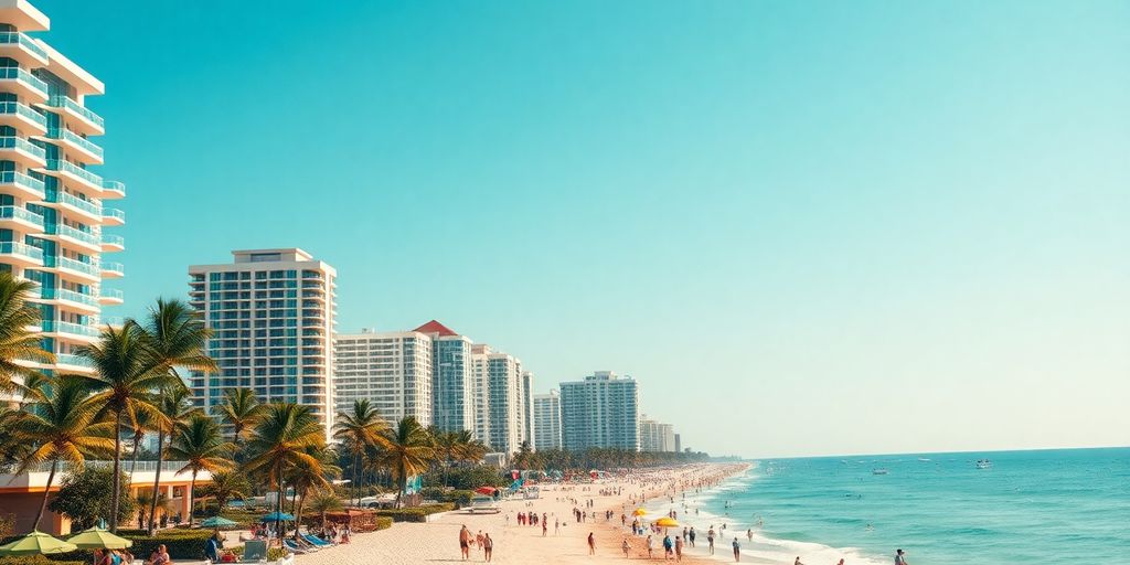 Sunny Isles Beach condos with palm trees and blue skies.