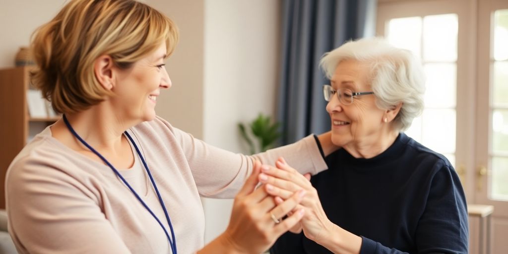 Home health physical therapist assisting an elderly patient.