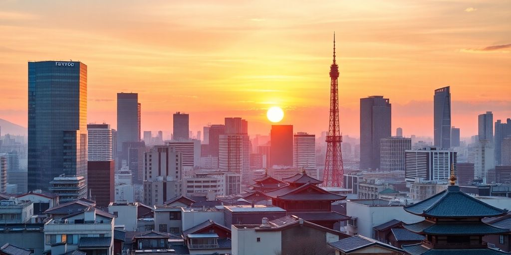 Tokyo skyline at sunset, highlighting modern and traditional architecture.