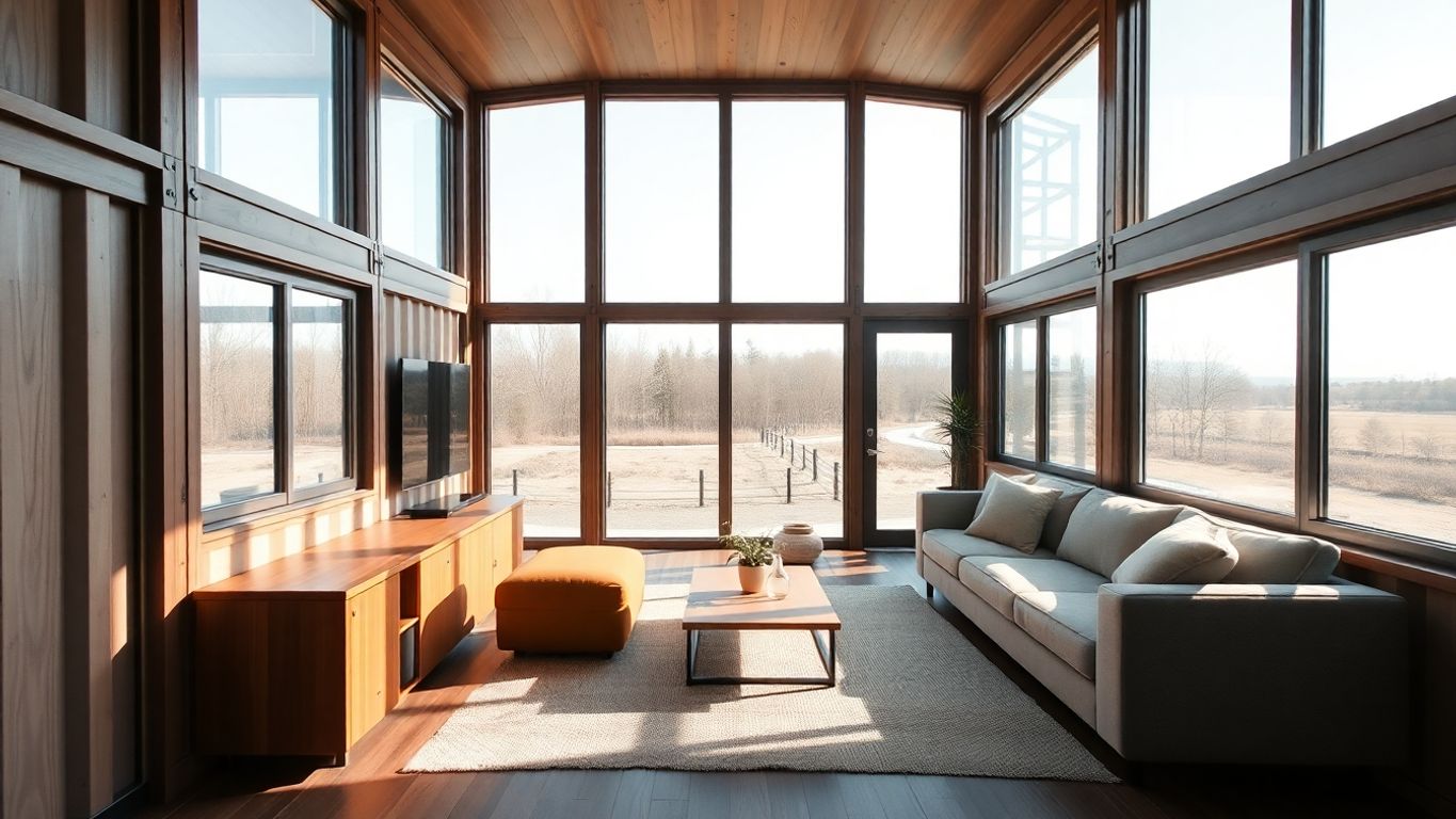 Cozy container home interior with natural light.