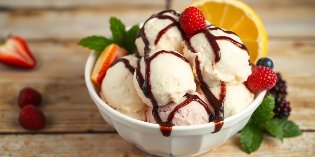 Colorful bowls of creamy milk ice cream with fruit.
