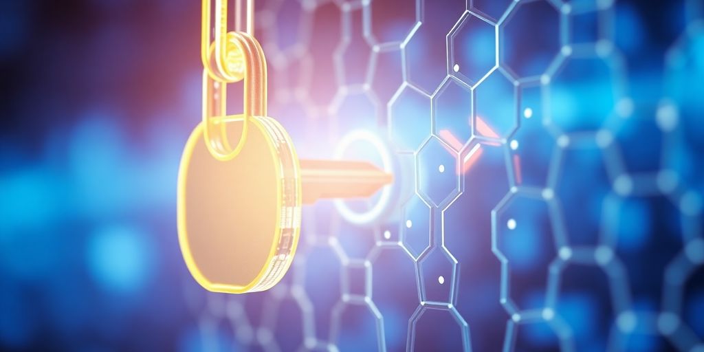 Keys unlocking digital blockchain, futuristic, glowing, secure access