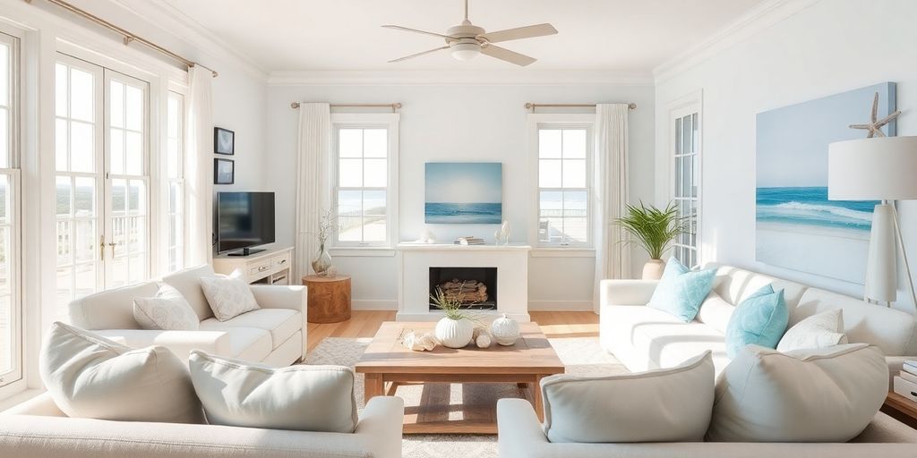 Cozy beach-themed decor with soft colors and natural elements.