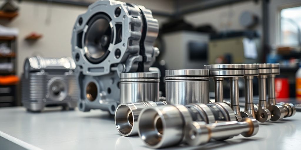 Polished Nissan engine parts arranged neatly on a workbench.