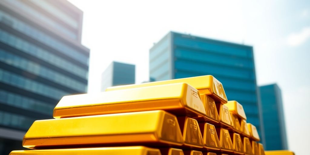 Lingots d'or empilés, banques en arrière-plan
