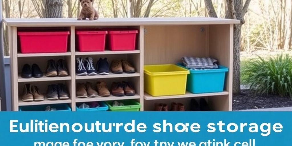 Colorful outdoor shoe storage with organized footwear.