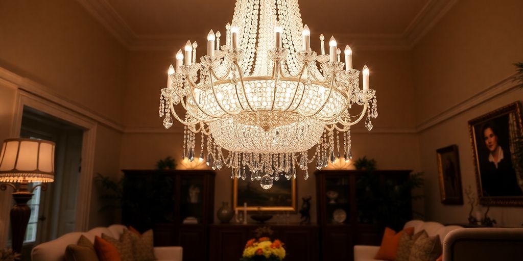 Elegant crystal chandelier hanging in a modern living room.