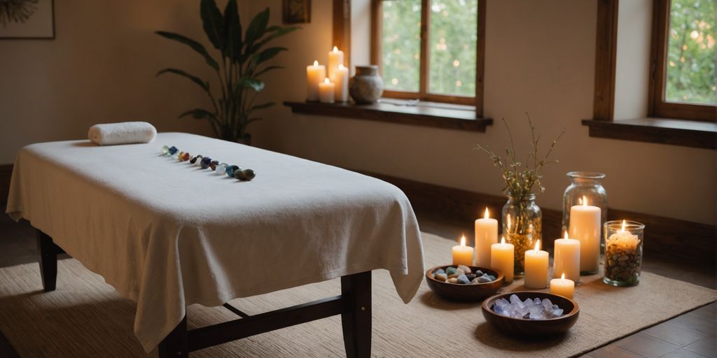 Calm room with massage table and crystals