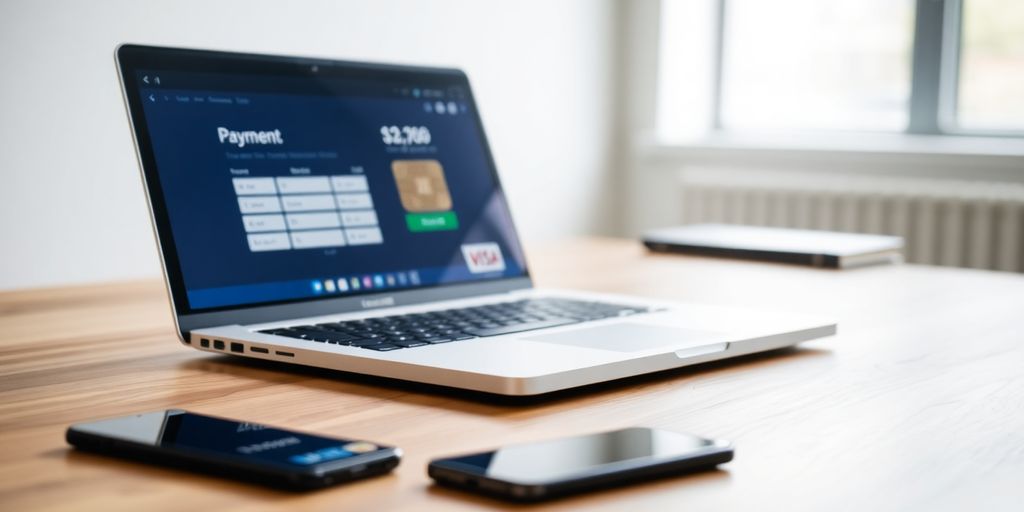 Laptop with credit card and smartphone on desk.