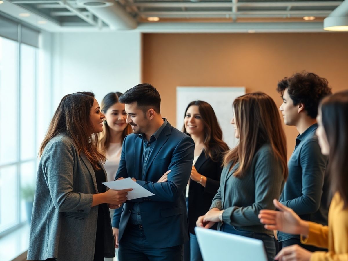 Colaborare între angajați într-un mediu profesional.