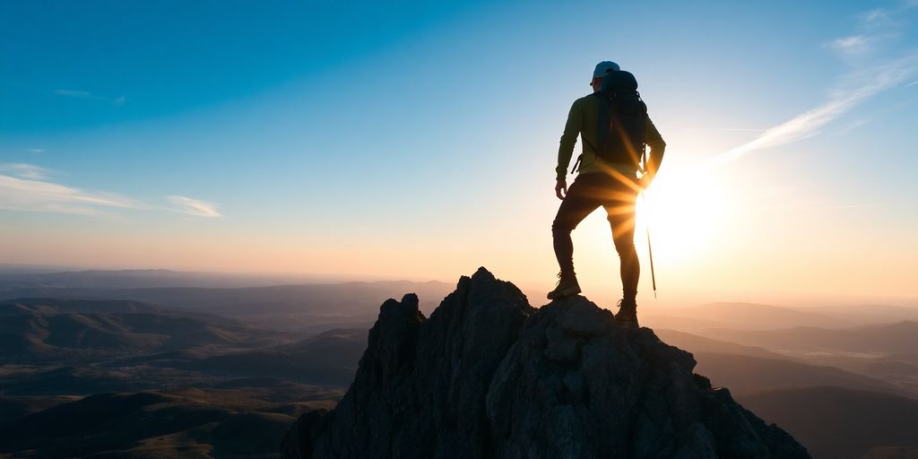 Person scaling a mountain peak, sun shining