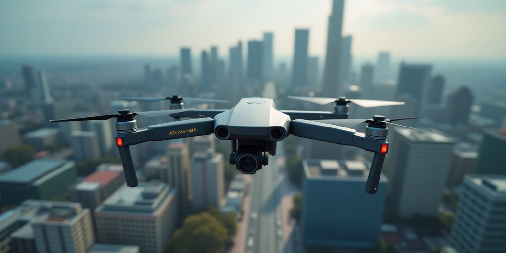 Drone survolant une ville moderne pour des opérations commerciales.
