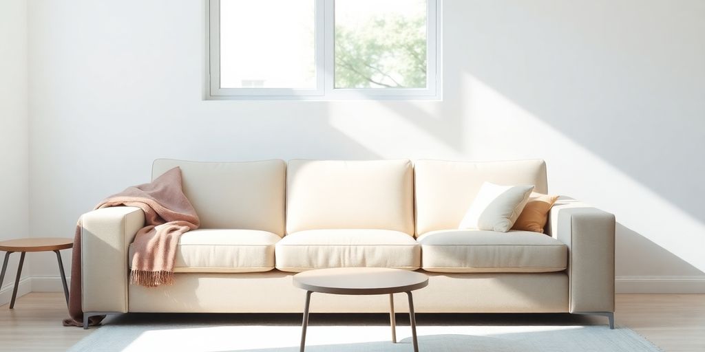 Sleek, modern living room with a new sofa.