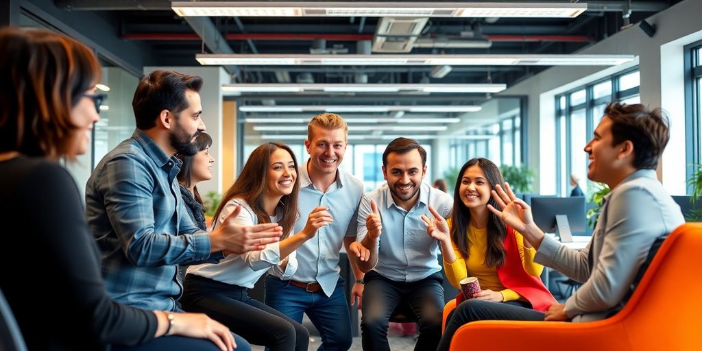 Diverse team brainstorming in a bright office setting.