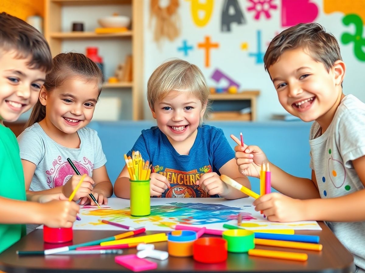 Copii creând artă cu vopsele și materiale diverse.