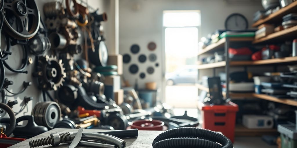 Used Fiat car parts in a well-lit workshop.
