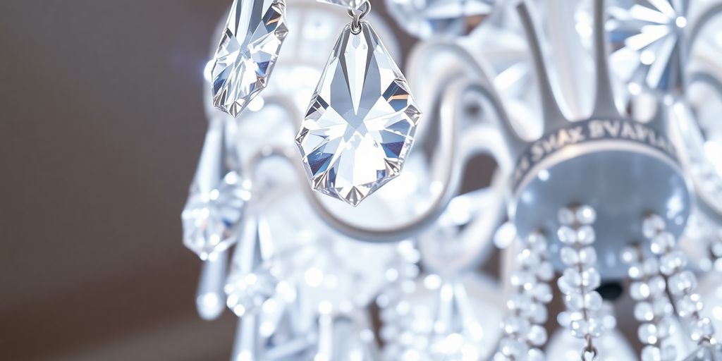 Close-up of a sparkling Swarovski chandelier with crystals.