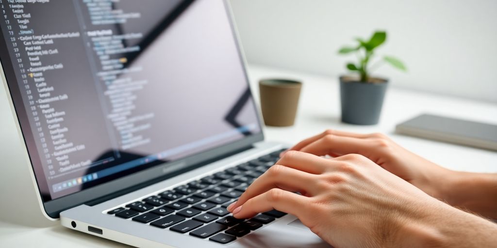 Developer coding on laptop with Apple logo.