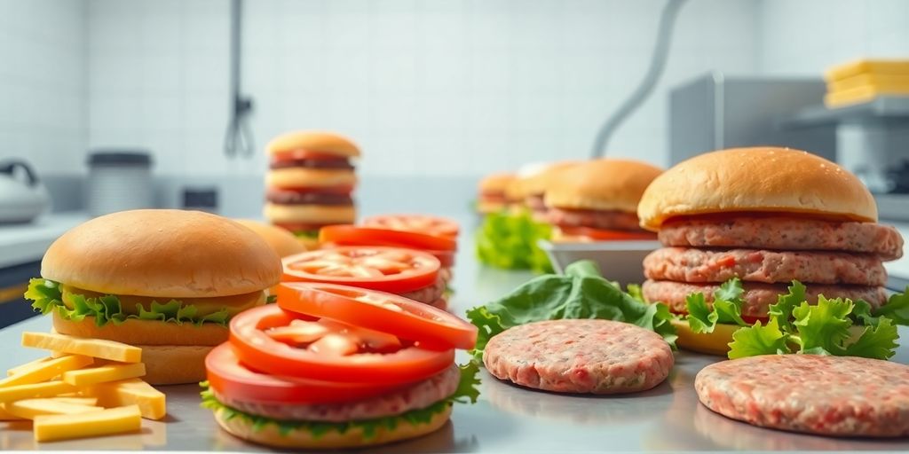 Clean, stacked burger ingredients, organized for assembly.