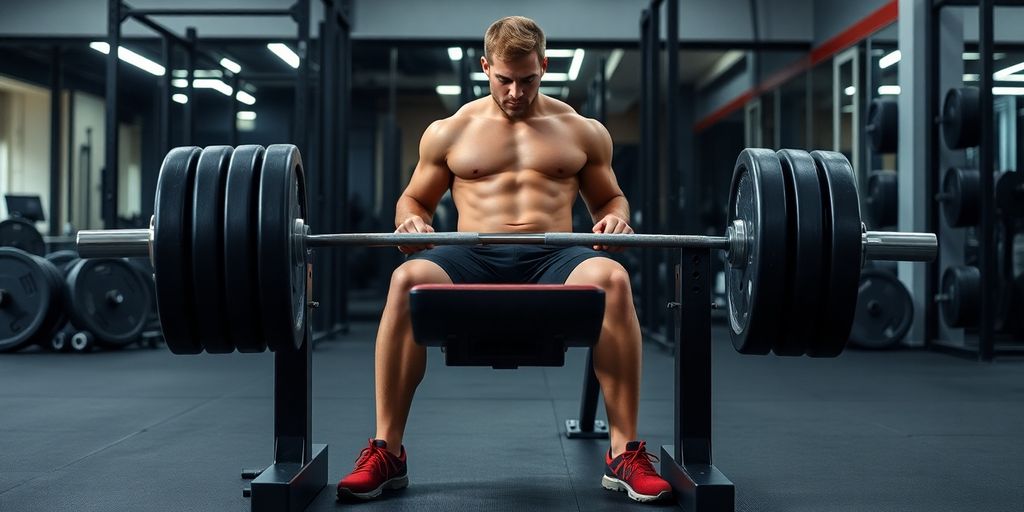 Athlete lifting weights on a bench in gym.