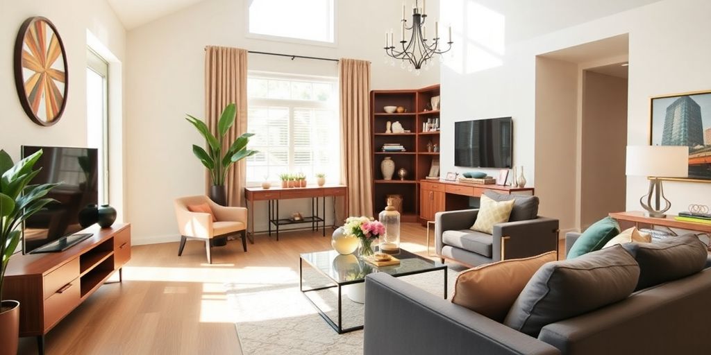 Modern living room with stylish furniture and decor.