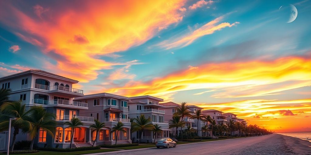 Luxurious beachfront homes in South Beach at sunset