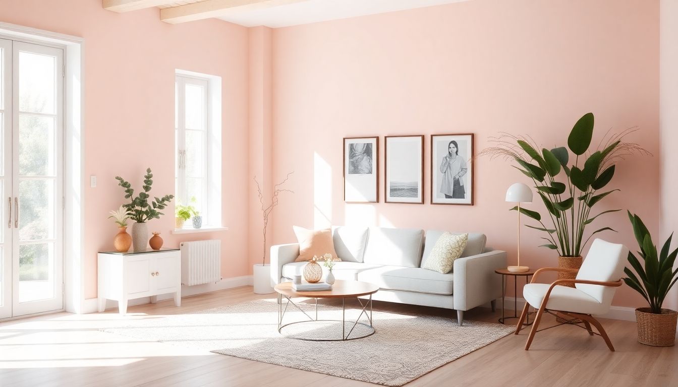 Stylish room with pastel colour scheme and natural light.
