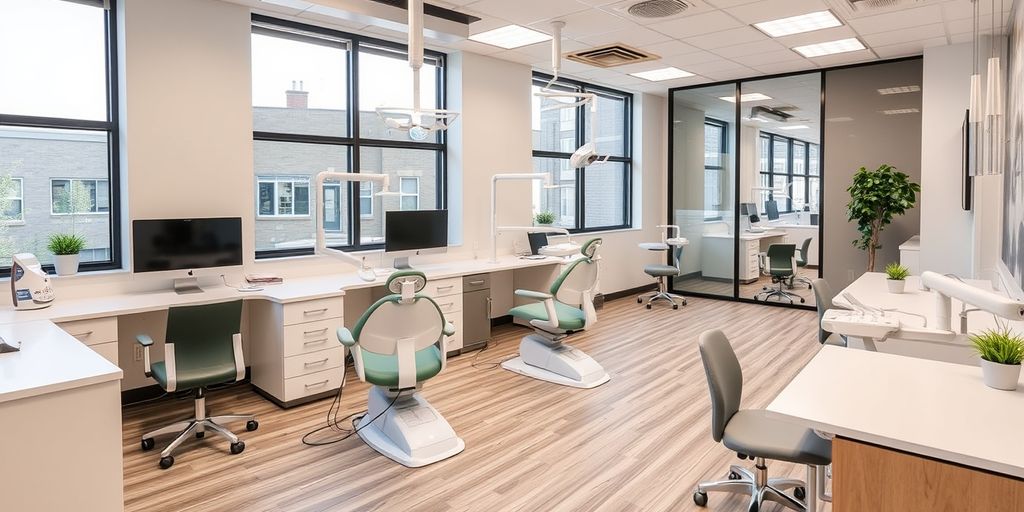 Espaço de coworking odontológico moderno e acolhedor.