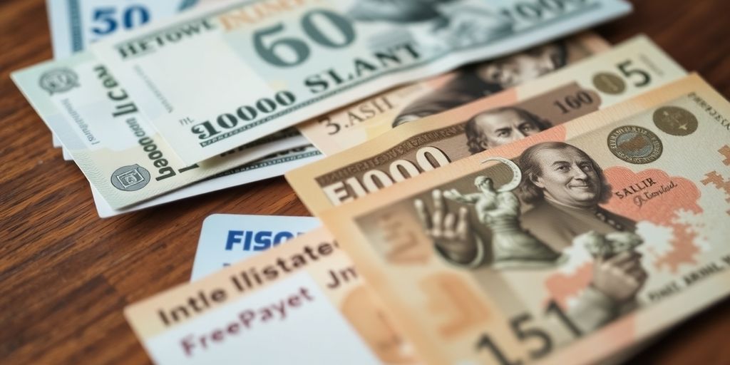 Realistic replica banknotes and documents on a wooden surface.