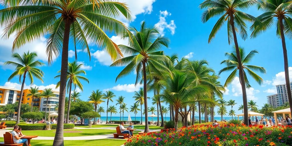 Sunny day in Aventura park with families and palms.
