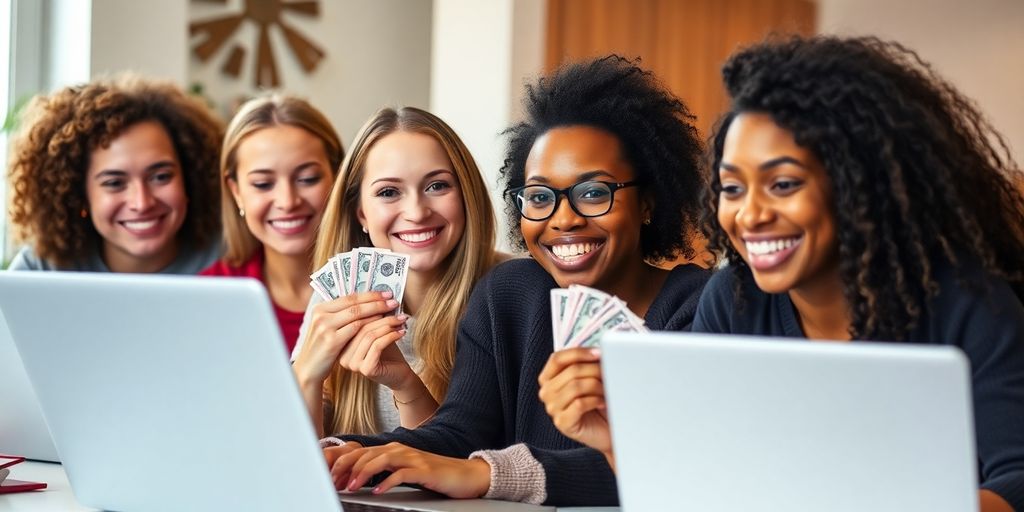 Pessoas felizes com dinheiro e computadores.
