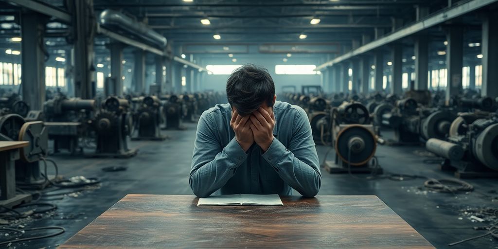 Distraught worker, empty factory floor, economic decline.