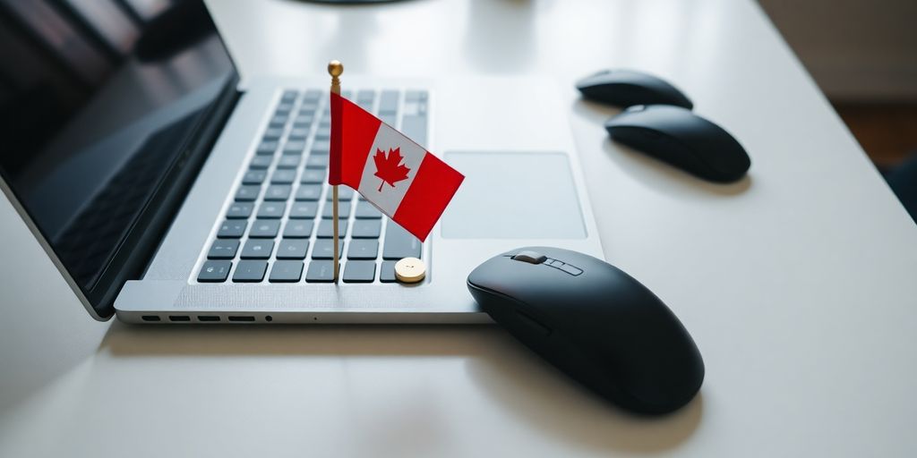 Laptop, keyboard, mouse, and Canadian flag.