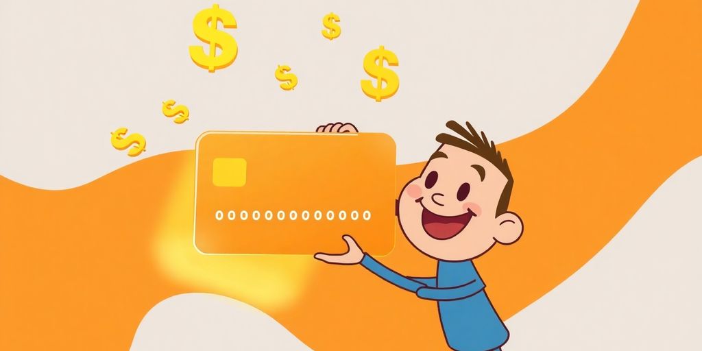 Cartoon hands holding a glowing credit card.