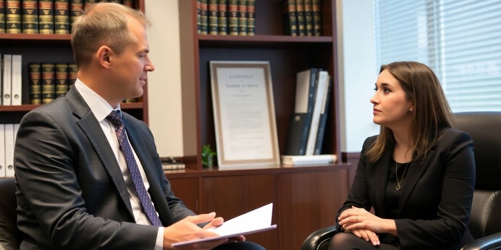 Criminal defense lawyer consulting with client in office.
