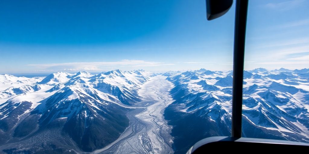 Helicopter flying over vast, snowy Alaskan mountains and glaciers.