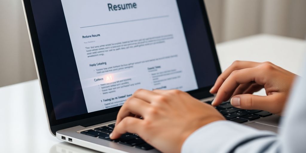Laptop displaying resume, person optimizing with AI.