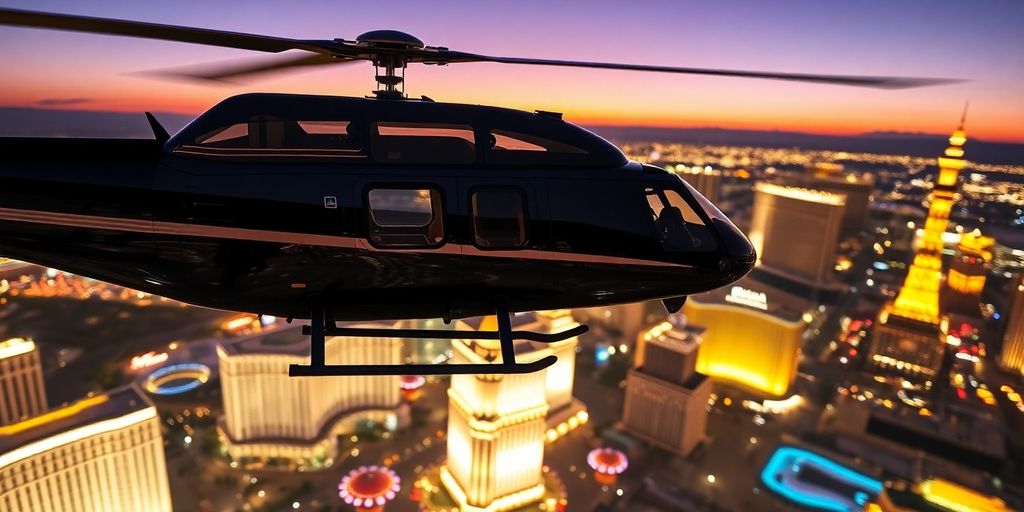 A modern helicopter flying over the Las Vegas Strip at dusk.